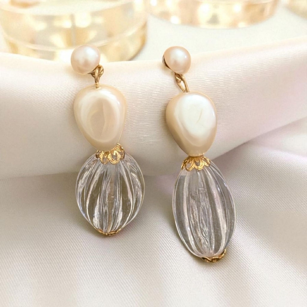 Pearl and Clear Ribbed Bead Drop Earrings, Pierced Pearl Earrings